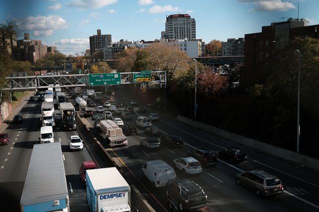 Cars and trucks move along the Cross Bronx Expressway, a notorious stretch of highway in New York City that is often choked with traffic.